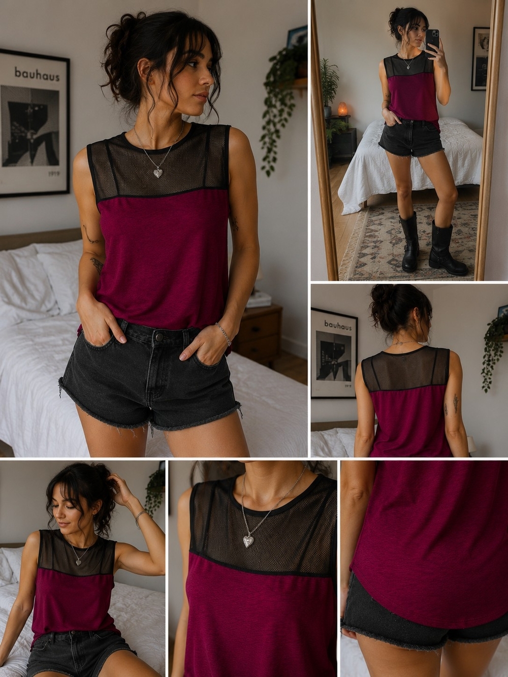 Sleeveless Mesh Colorblock Tank Top - Burgundy